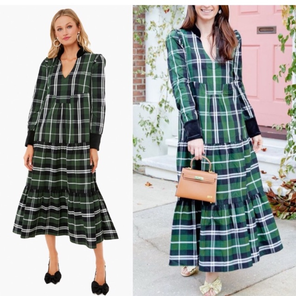 Tuckernuck Bristol dress in holiday plaid black velvet trim XL